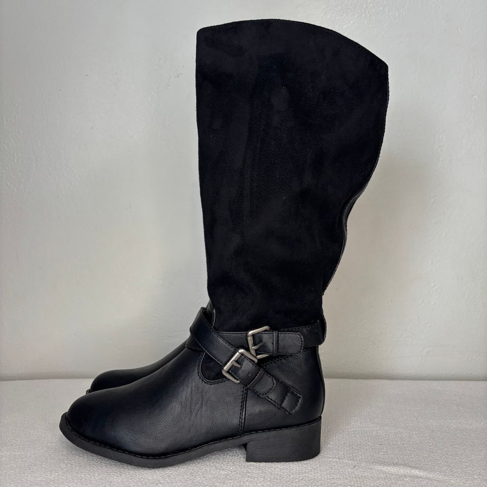 Brash Black Riding Boots Sz 5.5 W Buckle Detail Mid Calf Preppy Goth NWT Women's